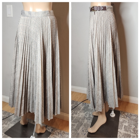 Banana Republic Metallic Plaid Pleated Midi Maxi Skirt Black Bronze White Size 0 - Picture 7 of 17